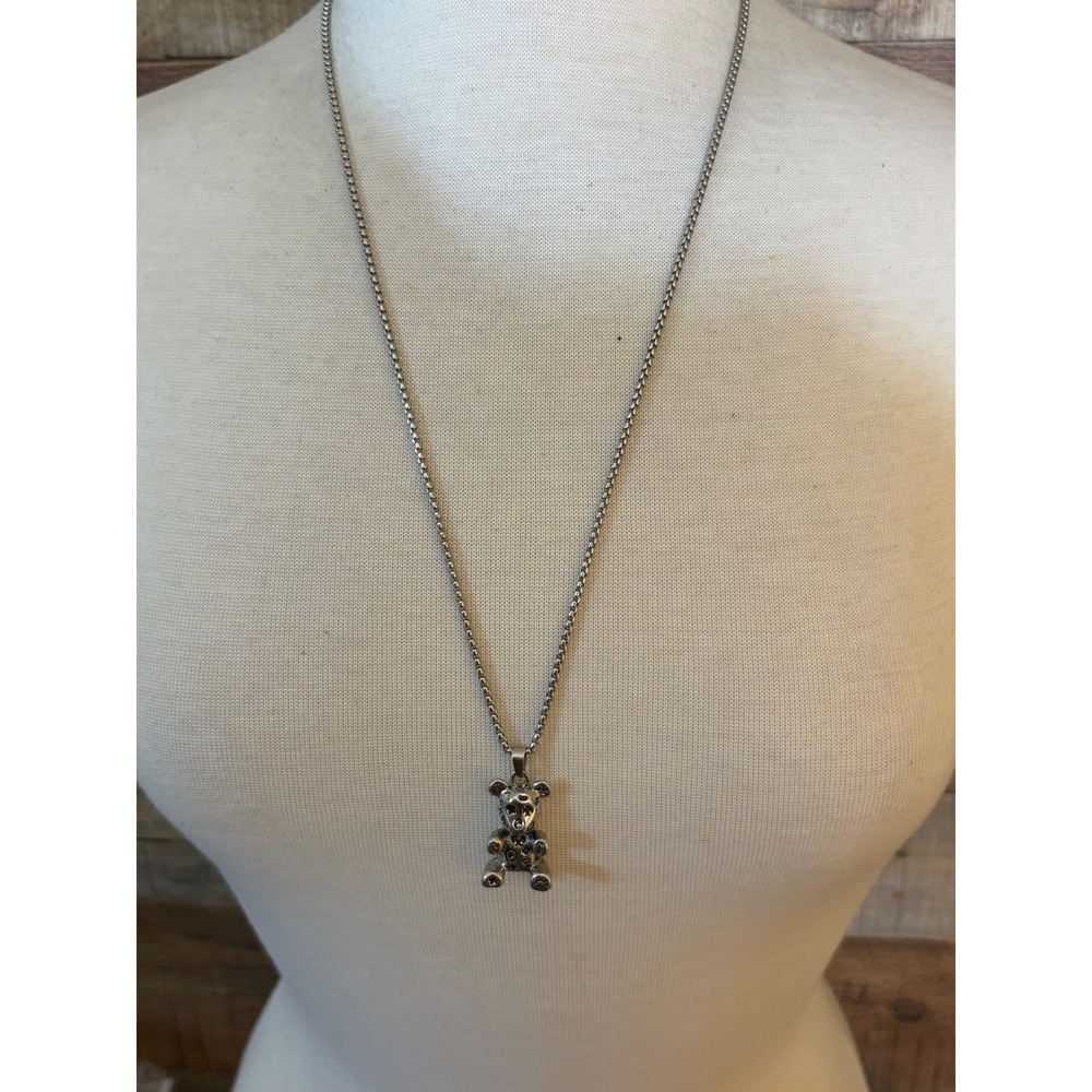 Silver Tone Teddy Bear Pendant Box Chain Necklace Star Heart Detail 28 Inch